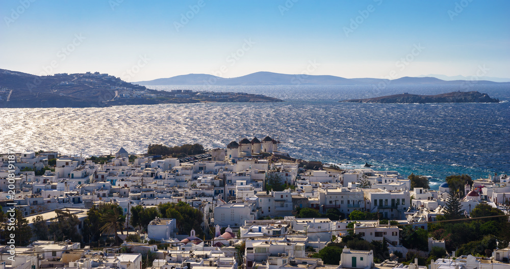 Mykonos island aerial panoramic view at sunse. Mykonos is an island, part of the Cyclades in Greece