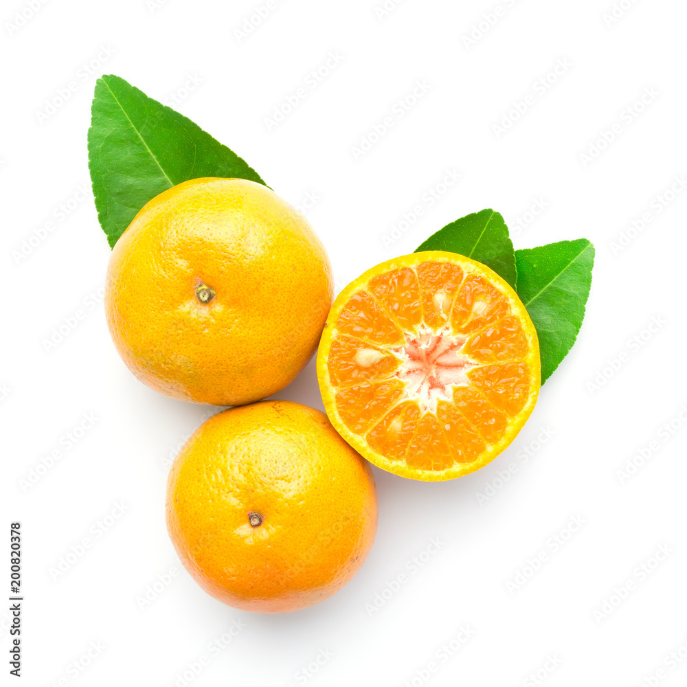 fresh orange with leaf isolated on white in top view fresh orange with leaf isolated on white in top view