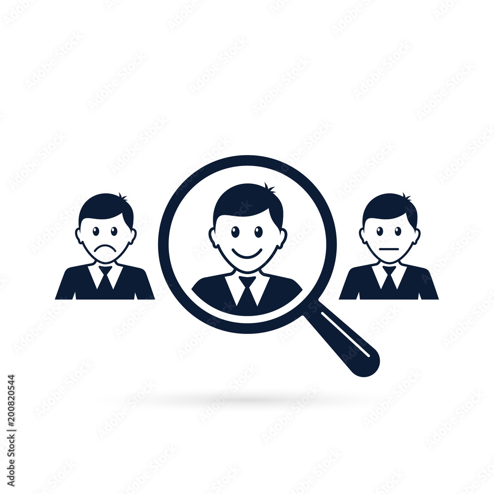 Search positive creativity people employee concept. Magnifier with different mood man faces. Vector illustration Search positive creativity people employee concept. Magnifier with different mood man faces. Vector illustration