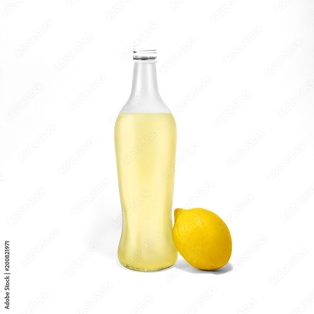 Lemonade isolated photo Transparent glass bottle with lemonade and one whole lemon near are standing on white background Photo mockup in front view with copy space Lemonade isolated photo Transparent glass bottle with lemonade and one whole lemon near are standing on white background Photo mockup in front view with copy space