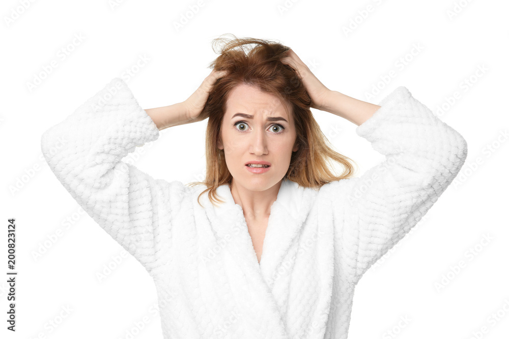 Young woman with hair loss problem on white background Young woman with hair loss problem on white background