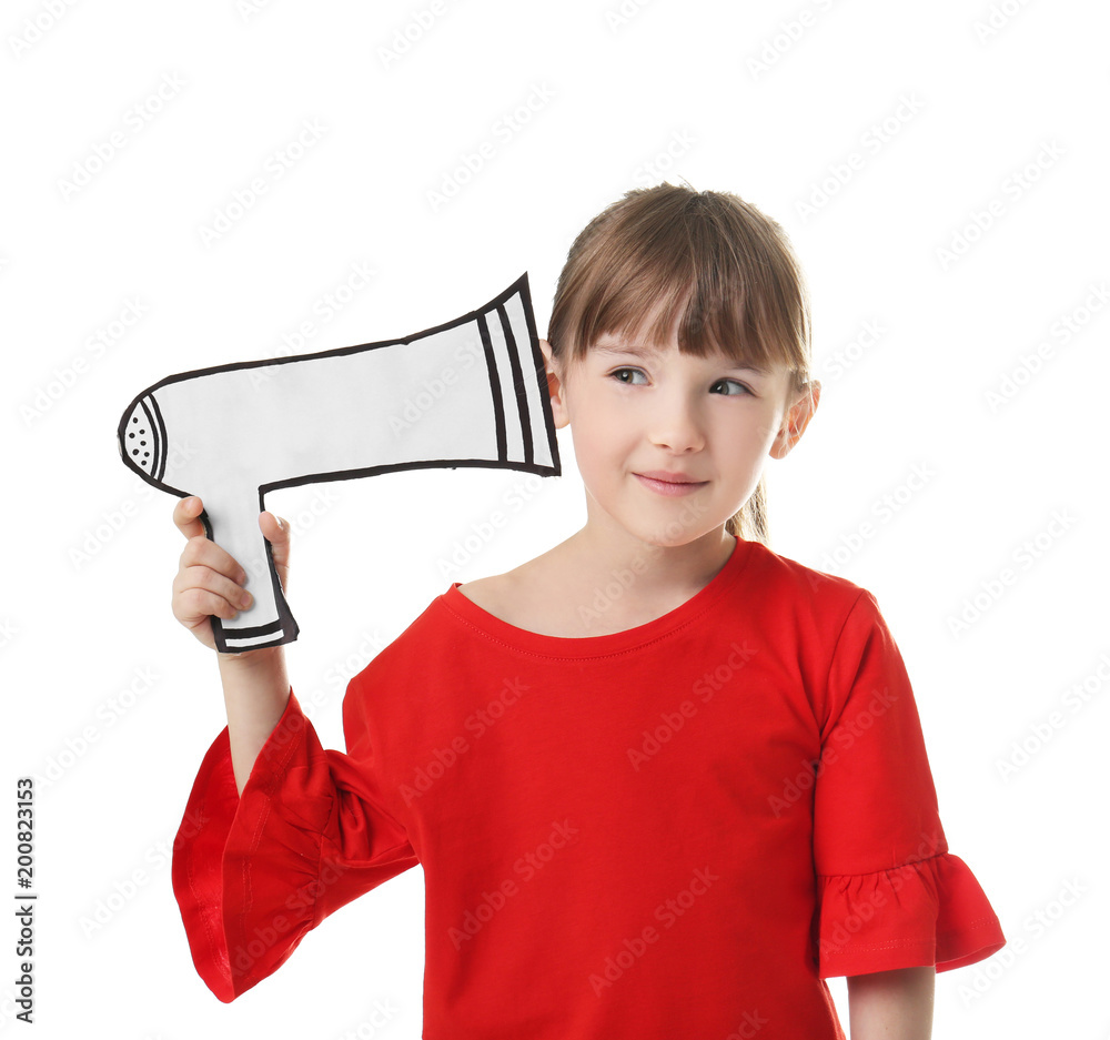Cute little girl with paper megaphone on white background Cute little girl with paper megaphone on white background