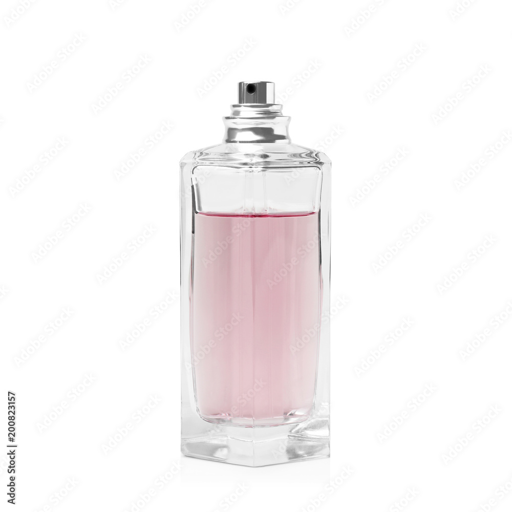 Transparent bottle of perfume on white background Transparent bottle of perfume on white background