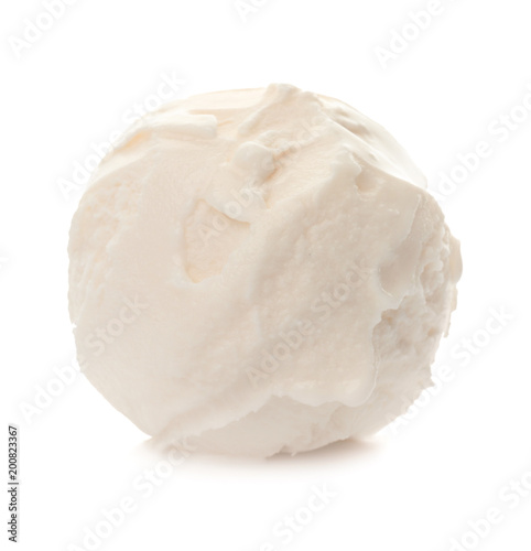 Ball of delicious vanilla ice cream on white background