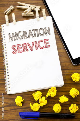 Writing text showing Migration Service. Business concept for Online Network Idea written on note paper with folded Meaning Thinking paper on the wooden background with marker and coffee photo