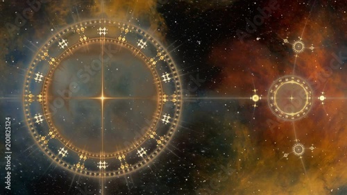  Imaginary journey through space and time.  Colorful nebula, deep space, star fields and ancient nautical instrument.  Vintage motion background.  Animation, abstract illustration, seamless loop
