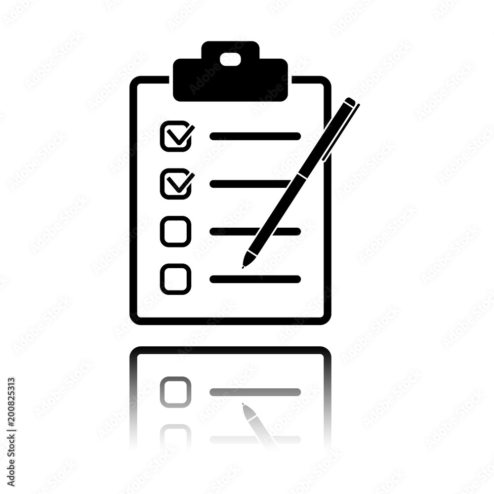 Checklist with pen icon. Black icon with mirror reflection on white background Checklist with pen icon. Black icon with mirror reflection on white background