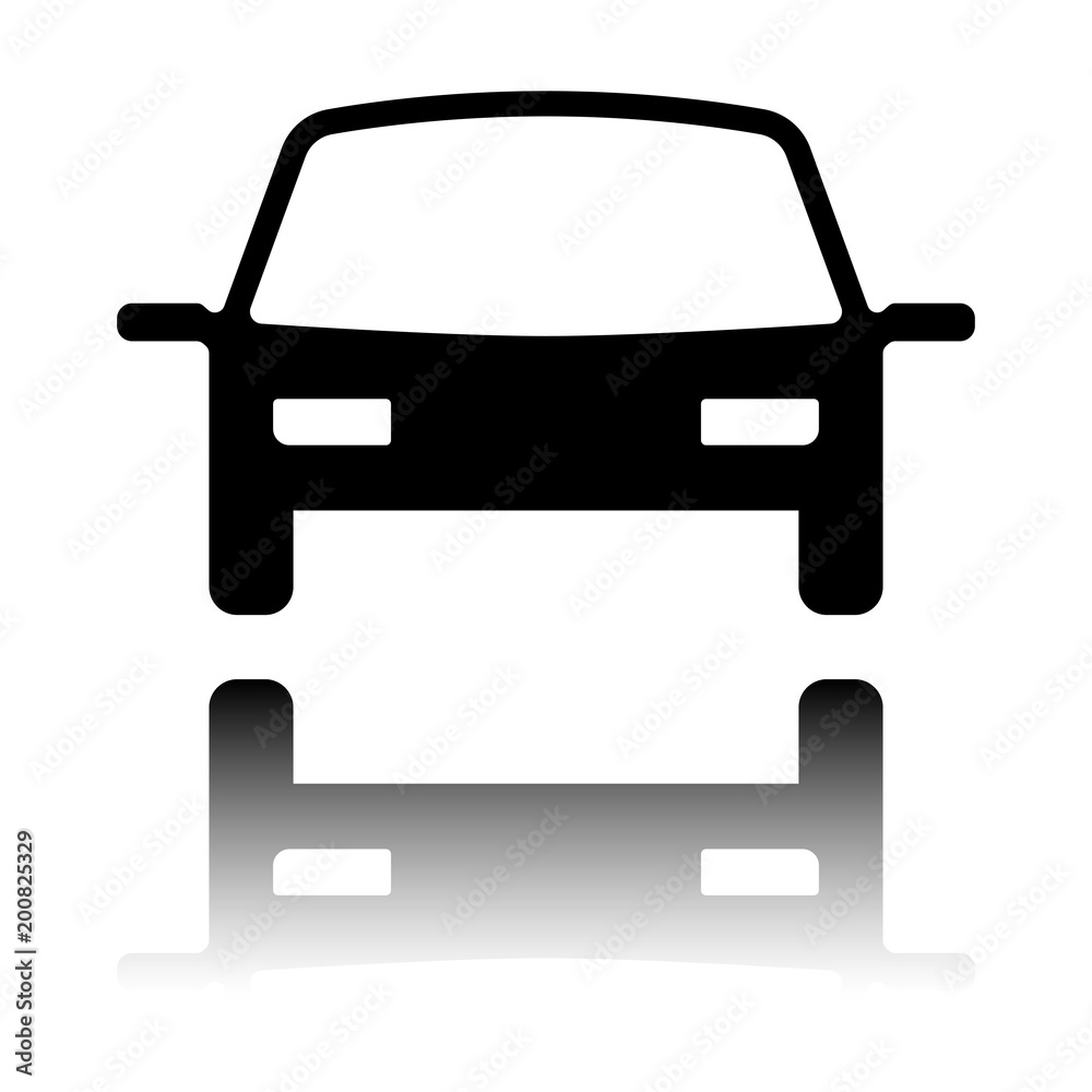car icon. Black icon with mirror reflection on white background