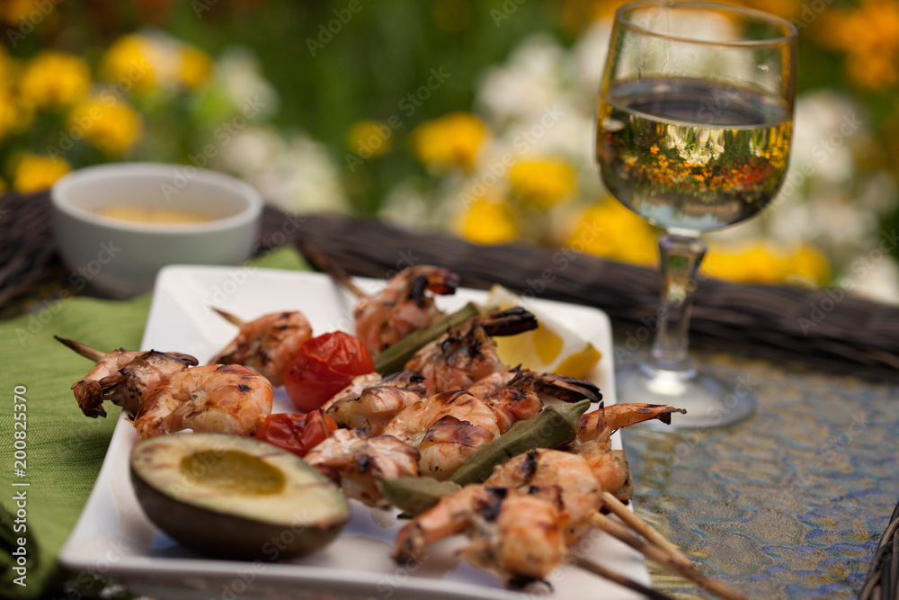 Grilled Shrimps Skewers for Dinner in Garden