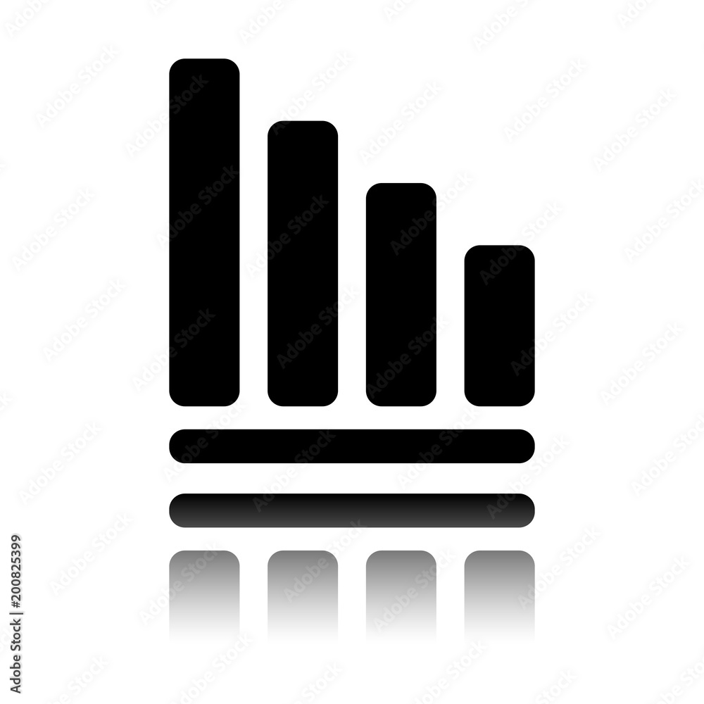 Declining graph line icon. Black icon with mirror reflection on white background Declining graph line icon. Black icon with mirror reflection on white background