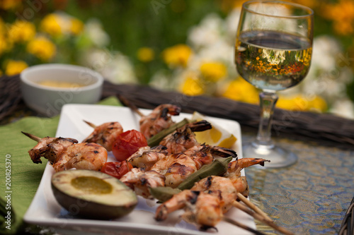 Grilled Shrimps Skewers for Dinner in Garden