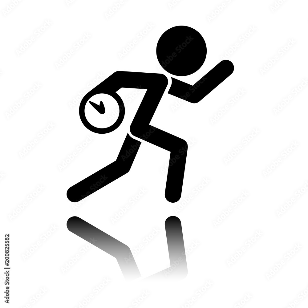 Running man with clock. Simple icon. To be late. An unpleasant situation. Black icon with mirror reflection on white background