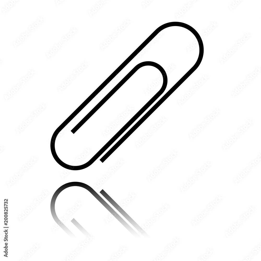 Paper clip icon. Black icon with mirror reflection on white background Paper clip icon. Black icon with mirror reflection on white background