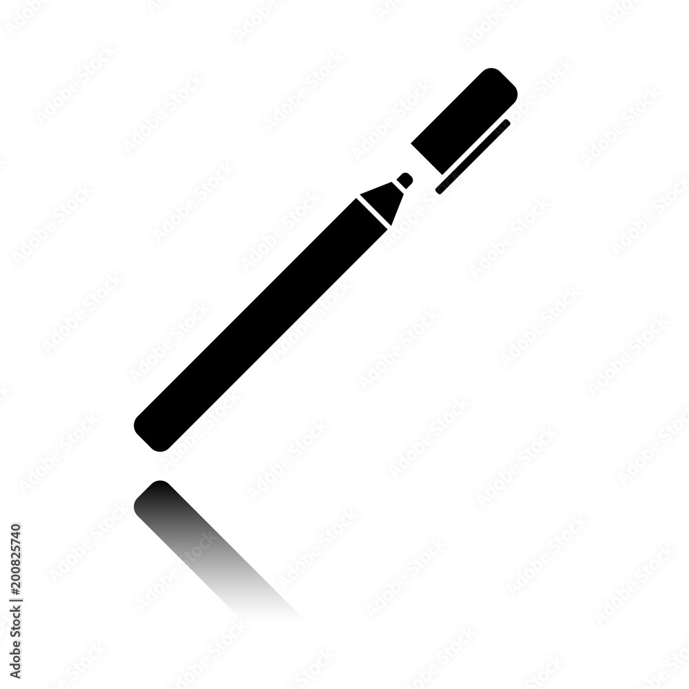 Pen or marker icon. Black icon with mirror reflection on white background Pen or marker icon. Black icon with mirror reflection on white background