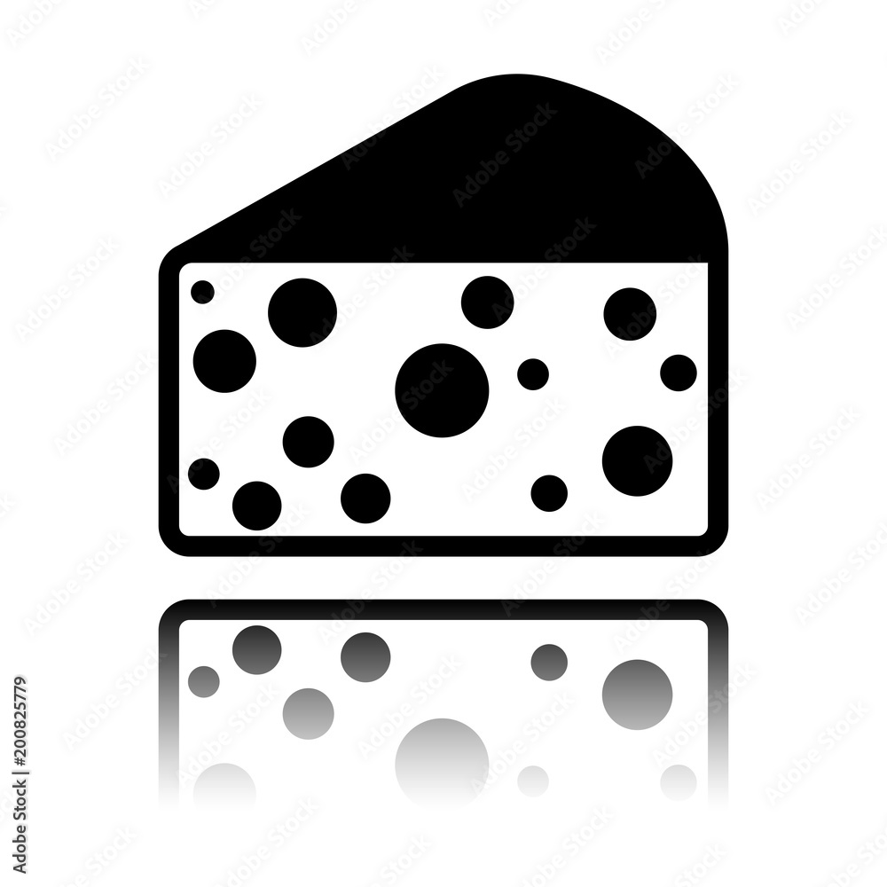 piece of cheese icon. Black icon with mirror reflection on white background piece of cheese icon. Black icon with mirror reflection on white background