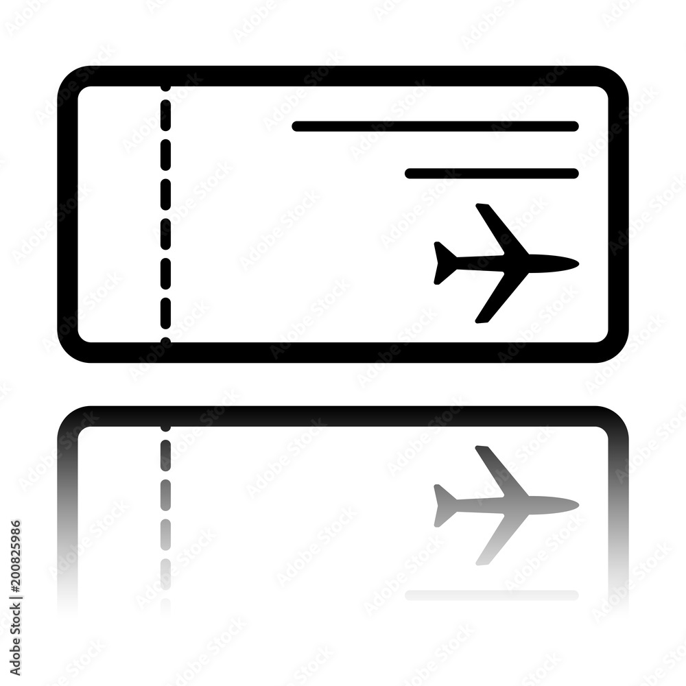 airplane ticket icon. Black icon with mirror reflection on white background airplane ticket icon. Black icon with mirror reflection on white background