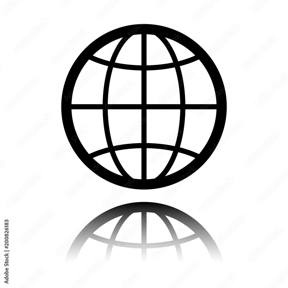 globe, planet. simple silhouette. Black icon with mirror reflection on white background globe, planet. simple silhouette. Black icon with mirror reflection on white background