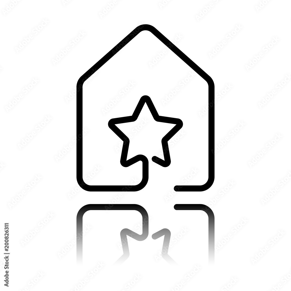house with star icon. line style. Black icon with mirror reflection on white background house with star icon. line style. Black icon with mirror reflection on white background