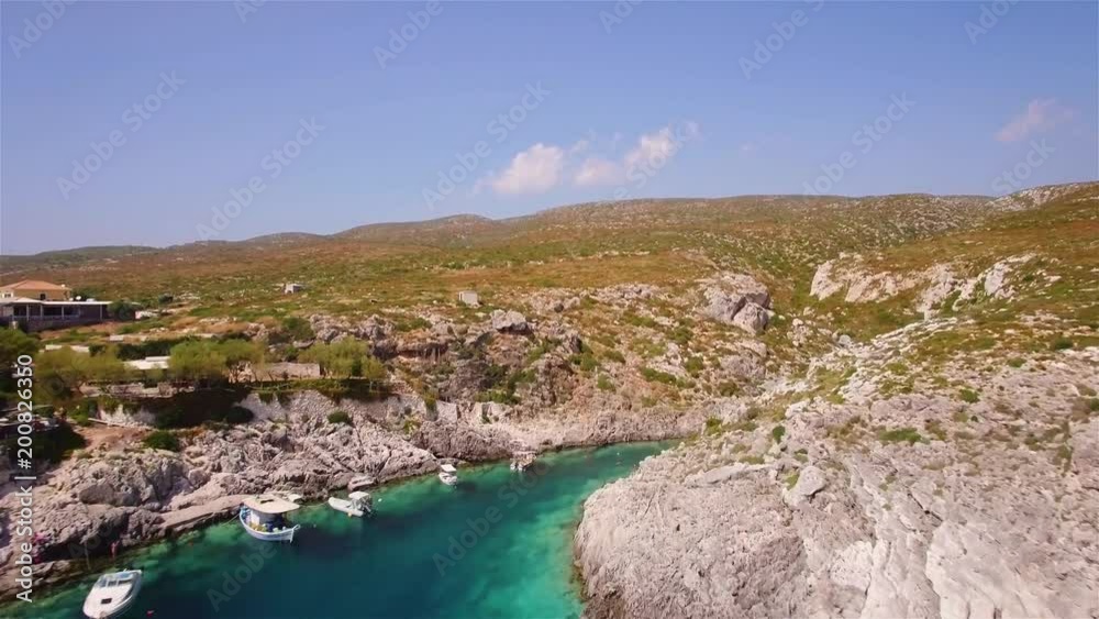 4K Aerial view of Porto limnionas beach in Zakynthos (Zante) island, in Greece 4K Aerial view of Porto limnionas beach in Zakynthos (Zante) island, in Greece