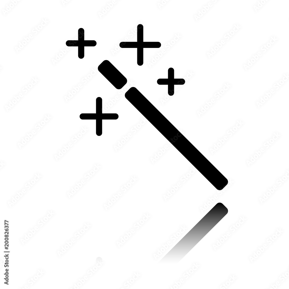 magic wand. simple silhouette. Black icon with mirror reflection on white background