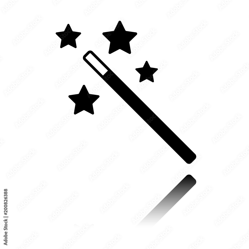 magic wand with stars. simple silhouette. Black icon with mirror reflection on white background magic wand with stars. simple silhouette. Black icon with mirror reflection on white background