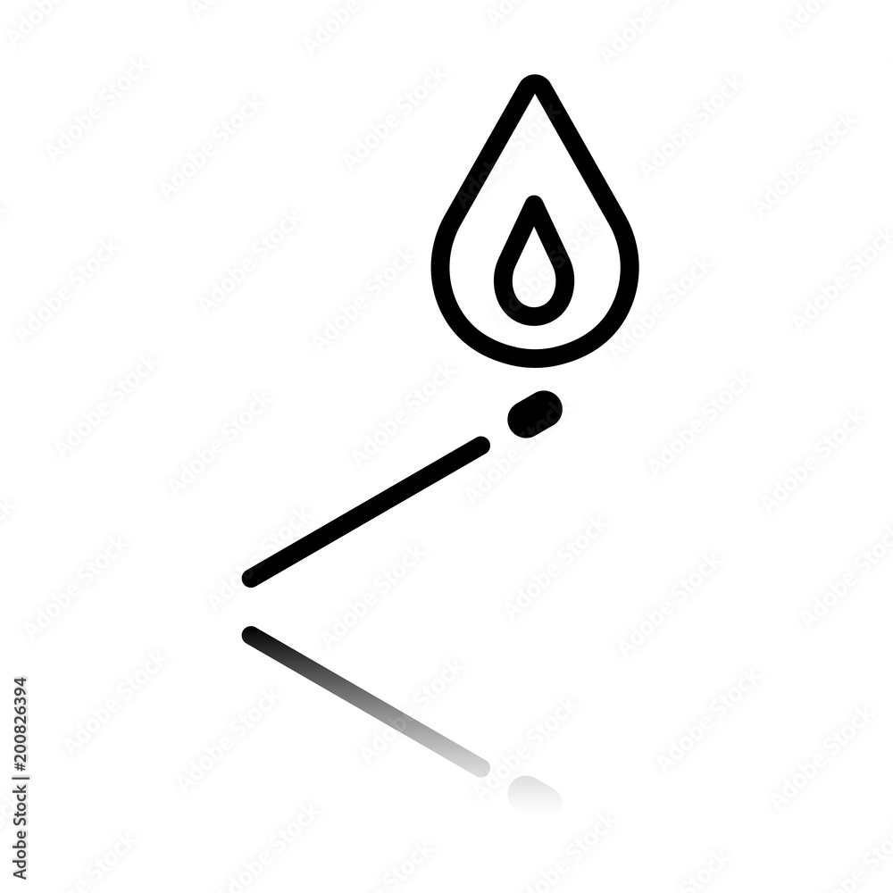 match with flame of fire. simple silhouette. Black icon with mirror reflection on white background match with flame of fire. simple silhouette. Black icon with mirror reflection on white background