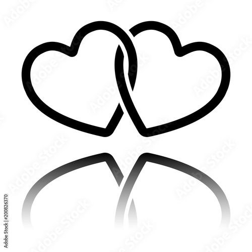 linked hearts icon. Black icon with mirror reflection on white background