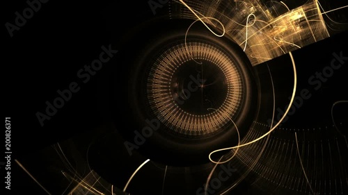 Fantasy clockwork, ancient metallic clock mechanism, golden cogwheels and gears on black background, abstract illustration animated, seamless loop