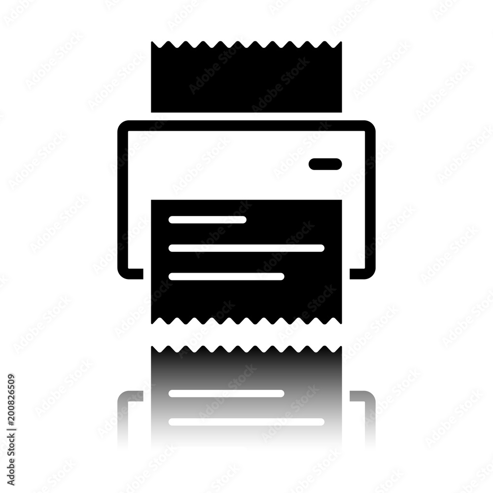 printer, receipt, simple icon. Black icon with mirror reflection on white background printer, receipt, simple icon. Black icon with mirror reflection on white background
