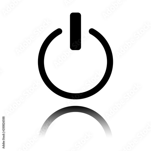 shut down, power. Black icon with mirror reflection on white background