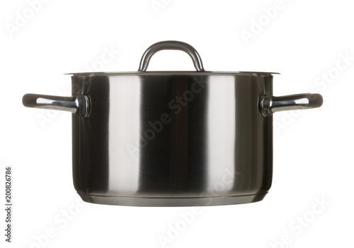Stainless steel cooking pot with lid isolated on white