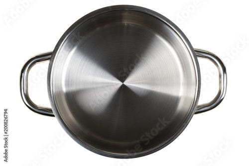 Empty open stainless steel cooking pot top view from above isolated on white