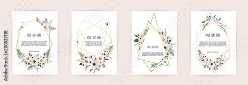 Set of card with flower rose, leaves and geometrical frame. Wedding ornament concept. Floral poster, invite. Vector decorative greeting card