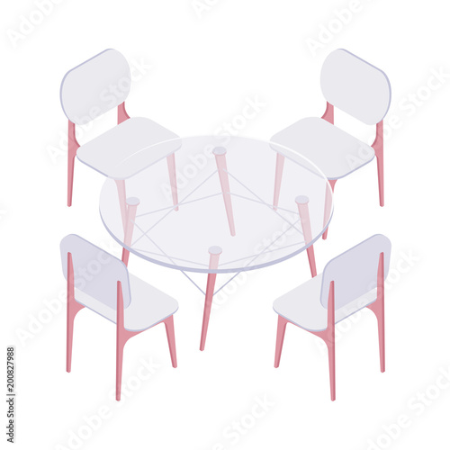 Isometric four plastic chairs and transparent round table isolated on white background