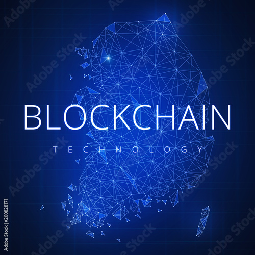 Blockchain technology wording on futuristic hud background with polygon South korea map and blockchain peer to peer network. Network, e-business and cryptocurrency blockchain business banner concept.