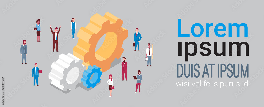 Group Of Business People Over Isometric Cogwheel Teamwork And Team Brainstorming Concept Vector Illustration
