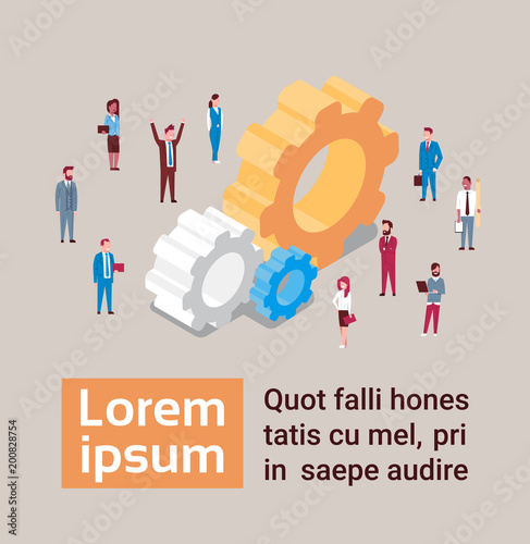 Team Of Business People Over Isometric Cogwheel Teamwork And Brainstorming Concept Vector Illustration