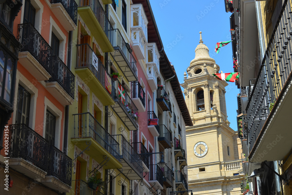 Colorful buildings and balconies on the streets of Pamplona, Spain / Basque Country