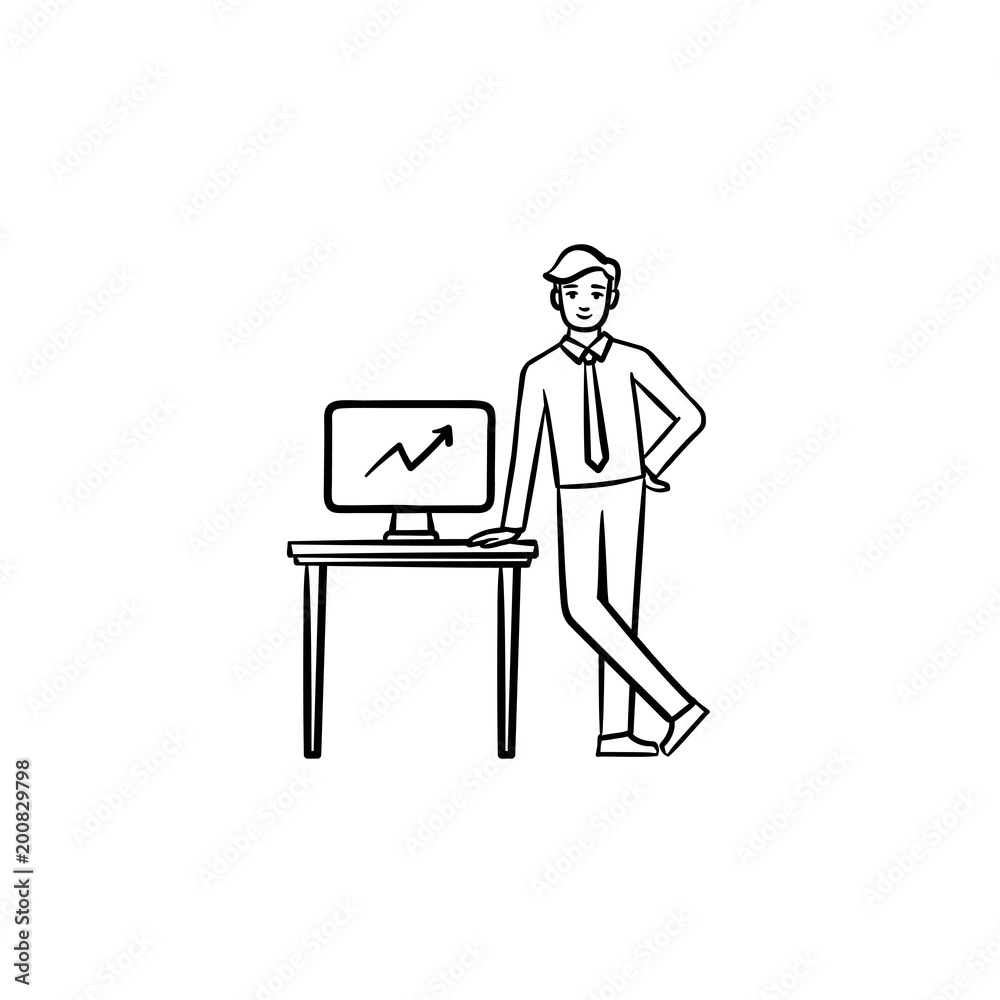Conference desk hand drawn outline doodle vector icon. Business speaker leaning on the desk sketch illustration for print, web, mobile and infographics isolated on white background.