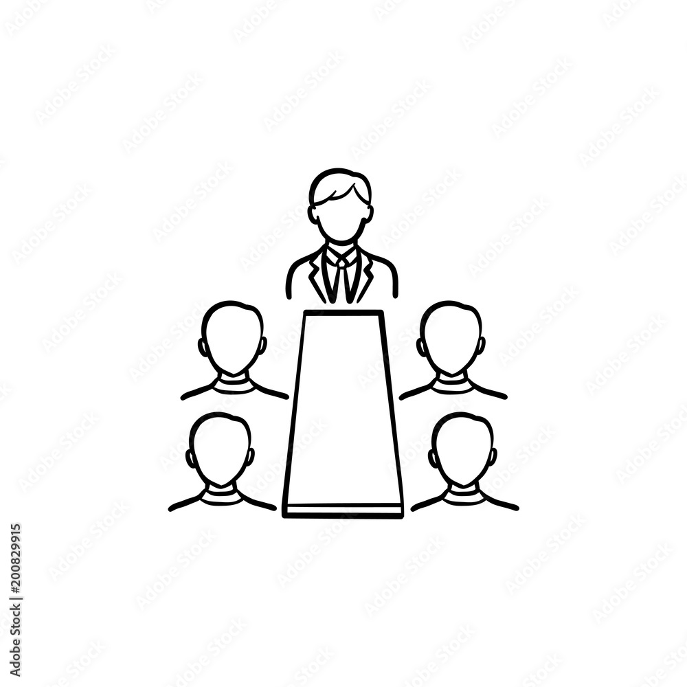 Meeting discussion seminar hand drawn outline doodle vector icon. People on a meeting sketch illustration for print, web, mobile and infographics isolated on white background.