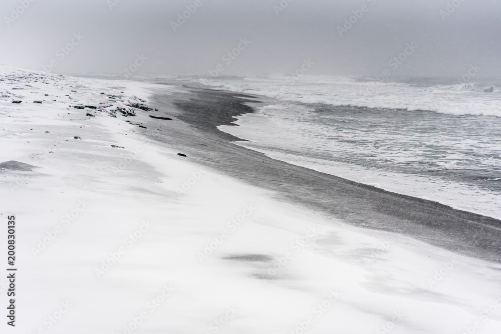 Blizzard on a beach of the Pacific ocean with black sand Blizzard on a beach of the Pacific ocean with black sand
