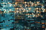 Question Marks with skyscrapers illuminated at night in Tokyo, Japan