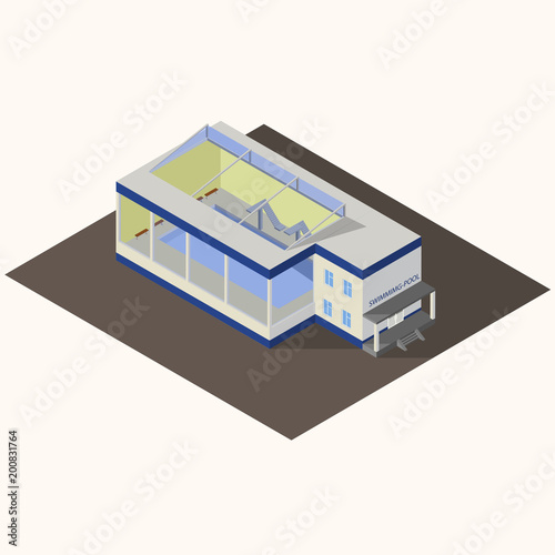 Isometric illustration of modern building swimming pool for water sports.