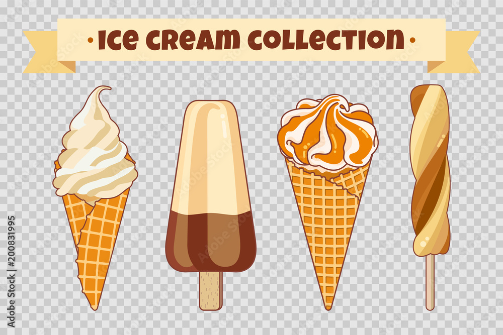 Ice cream collection at transparent background. Colorful bright ice cream,  waffle cones and fruit ice. Cartoon illustration for web, advertising,  banner, poster, flyer. Vector illustration. Stock Vector | Adobe Stock
