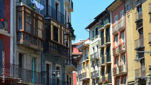 Colorful buildings and balconies along the Streets of Pamplona, Spain / Basque Country