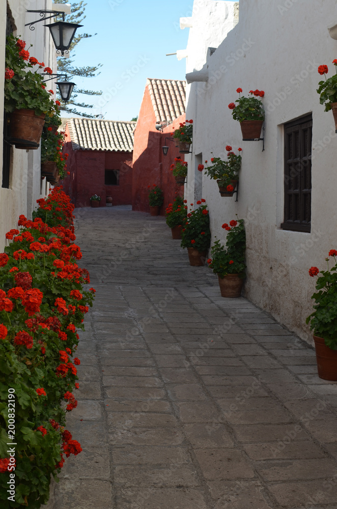 Painted walls and doorways in the Santa Catalina monastery, Arequipa, Peru