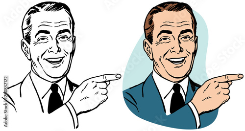 A portrait of a smiling businessman in a suit pointing to the right.