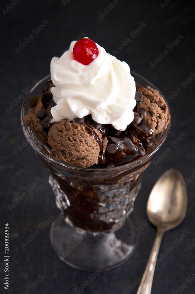 Ice Cream Sunday on a Dark Slate Counter Ice Cream Sunday on a Dark Slate Counter