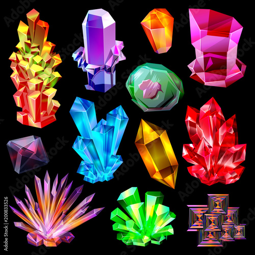 Crystal vector crystalline stone gem and precious gemstone for jewellery illustration set of jewel or mineral stony crystallization of natural quartz isolated on black background