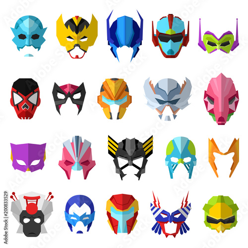 Hero mask vector superhero masque and masking face cartoon character illustration set of powerful masked symbol isolated on white background